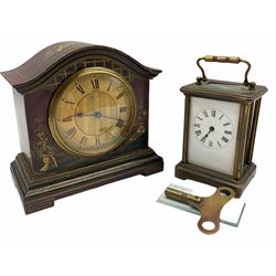 Early 20th century eight-day timepiece mantle clock with a Buren (Swiss) drum movement and rear case plate, platform escapement with integral key, drum movement housed in a shaped top maroon lacquered case with highlighted chinoiserie decoration, dial inscribed 