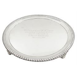 George III silver salver with gadrooned edge, the feet cast as classic capitals  D26cm London 1811 Maker Paul Storr with the mark of Munsey & Co, Cambridge and with a later inscription 1906, 21oz