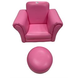 Childs pink rocking armchair, upholstered in pink faux leather with matching footstool