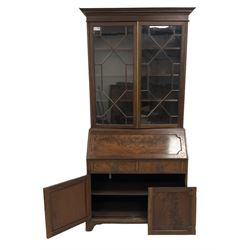 George III figured mahogany bookcase bureau, projecting dentil cornice over astragal glazed doors, fall-front with fitted interior over two cock-beaded drawers and panelled cupboard, bracket feet