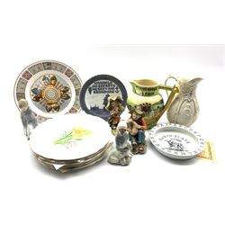 Swinnerton's Baby's Plate, Crown Devon Widdicombe Fair jug, two Capodimonte figures, two Lladro figures, Victorian jug, plates etc