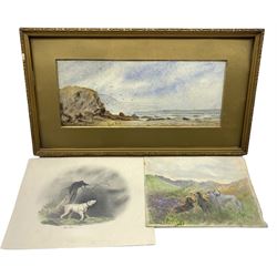 English School (19th/20th century): Devonshire Coastal Scene, watercolour indistinctly signed together with two unframed watercolours of dogs max 11cm x 28cm (3)