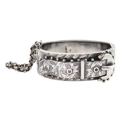 Victorian silver buckle hinged bangle, with bright cut leaf decoration by Robert James Dick, Birmingham 1884