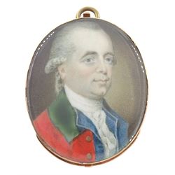 English School (Circa 1700)
Portrait miniature upon ivory
Head and shoulder portrait of a gentleman in curled grey wig and red coat with green collar
within period gold bracelet frame 
Oval 3.5cm x 3cm