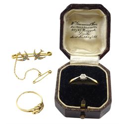 Early 20th century gold split pearl and turquoise swallow brooch, stamped M.B & Co, 18ct gold single stone diamond ring and a 15ct gold love knot ring
