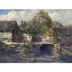 Thomas Alexander Harrison (American 1853-1930): Steps and Barn with Chickens Feeding, oil on canvas signed 29cm x 39cm
