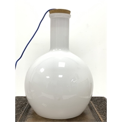 Opaque glass lamp shade of bottle form with cork top and blue cord,  H42cm