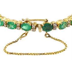 18ct gold oval cut emerald and round brilliant cut diamond bracelet, stamped