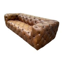 Three seat club sofa, upholstered in deeply button tan brown Brazilian leather