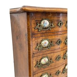 Early to mid-20th century walnut chest, shaped and moulded crossbanded top over six drawers, ornate foliate cast brass handles with inset oval porcelain decorated with courting scenes, on cabriole supports with cartouche mounts
