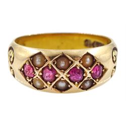 Victorian 15ct gold ruby and split pearl gypsy set ring, Birmingham 1890