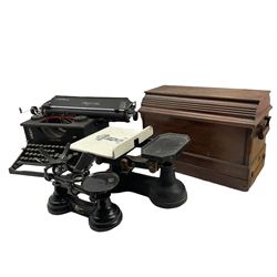 Imperial Good Companion portable typewriter, singer sewing machine in wooden case together with two weighing scales (4)
