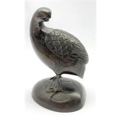 Japanese Meiji bronze Quail Koro, the birds head turned backwards, the cover formed as feathers, signed, H15cm 