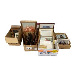 Quantity of pictures and prints, cigarette cards, clock and miscellanea in five boxes