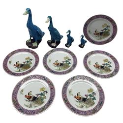 Set of six Chinese porcelain side plates, each decorated in polychrome enamels with a Cockerel, Chicken and Chicks in an exterior setting, with printed marks for Jiangxi, Jingdezhen, Min Ci, Factory 2, D18.5cm together with four graduated Chinese turquoise glazed ducks, H23cm max (10)