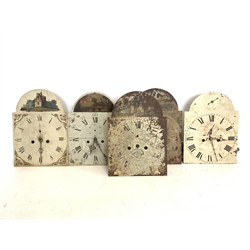  Five 19th century white painted enamel longcase clock dials and movements,   