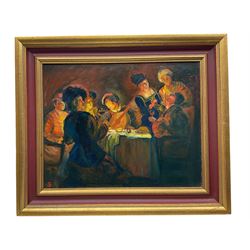 Continental School (20th century): Dinner Party with Lute Player, oil on board signed with monogram 39cm x 49cm