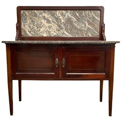 Edwardian inlaid mahogany washstand, marble top and back over two cupboard doors, raised on square tapering supports 