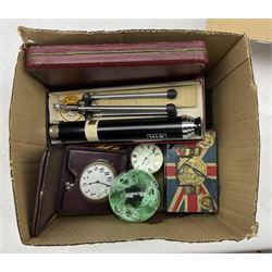 Set of 6 plated knives in case, H & G Achromatic Coated Lens telescope in box, pocket watch in travel case together with Scheaffer pens etc 
