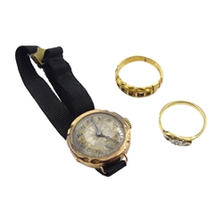 15ct gold ring hallmarked, 18ct gold diamond set ring and an early 20th century 9ct rose gold ladies wristwatch on a black ribbon strap