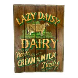 'Lazy Daisy Dairy' pine hand-painted advertising panel, 89cm x 66cm 