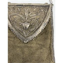 Early 20th century German silver wedding purse with mesh and filigree, the shield shape cartouche engraved with initials and with chain handle