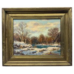 John D Henderson (Scottish 20th century): 'Snow at Waterfoot', oil on board signed, titled verso 21cm x 28cm
