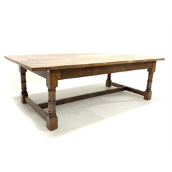 Large solid oak refectory style dining table, raised on ring turned and block supports united by 'H' stretcher, 244cm x 120cm, H76cm