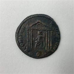 Roman Imperial Coinage, Maxentius (306-312AD) bronze follis, obv. Maxentius facing right, rev. Roma holding sceptre and globe seated within hexastyle temple 