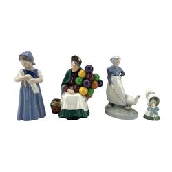 Royal Worcester candle snuffer, Old Woman, H8.5cm; Royal Copenhagen figure of a girl with a goose, H19cm; Royal Copenhagen figure of a girl with a doll, H20cm; and Royal Doulton The Old Balloon Seller, HN1315, H19cm (4)