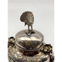 19th Century Japanese silver, ivory and shibayama vase of compressed oval design, the domed cover with a bird lift within a wire work and enamel border, the body with applied birds and flowers, trailing floral handles on pierced lappet feet H19cm with signature to ivory and base