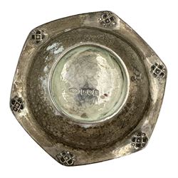 Hammered silver Arts and Crafts hexagonal dish decorated with raspberry prunts W8cm London 1913 Maker Philip Frederick Alexander 