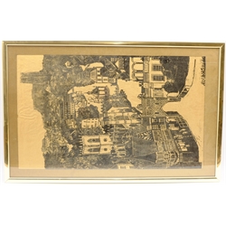 English School (20th century): Bird's Eye View of Beverley, monochrome lithograph indistinctly signed and dated 1976 in pencil 72cm x 44cm