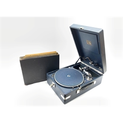 His Masters Voice wind up gramophone in blue case with records and cover