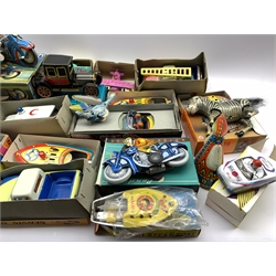 Tinplate toys including Servis fire truck, Robin steamboat, Ne-Kur Pikap Oto car, various other Ne-Kur vehicles, Pendupet motorbike, various toys  in boxes stamped 'made in USSR' etc