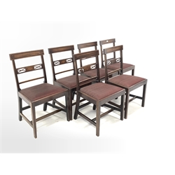 Set six Georgian mahogany dining chairs, ebony inlaid crest rail over reeded uprghts, drop in upholstered seat pads, raised on square tapered supports united by stretchers