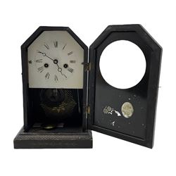  A 19th century two train German shelf clock, 30hr movement striking the hours on a coiled gong, with a full-length glazed door, painted glass tablet with floral decoration and a gold painted dial bezel, white painted dial with Roman numerals and minute track, moon hands and winding collets, Juhngans trade label attached to the rear of case.
With pendulum.


