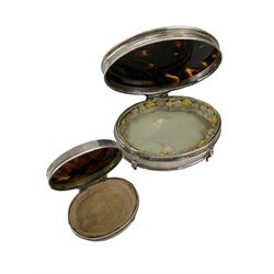 Early 20th century matched three-piece silver and tortoiseshell dressing table set comprising a glass jar and cover and two silver trinket boxes