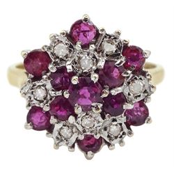 9ct gold diamond and ruby cluster ring, London 1979