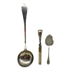 19th century Continental white metal soup ladle engraved with initials, pair of continental silver asparagus tongs and an 800 standard pastry slice