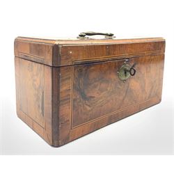 Mid 19th century figured walnut tea caddy with ebony and boxwood stringing W25cm