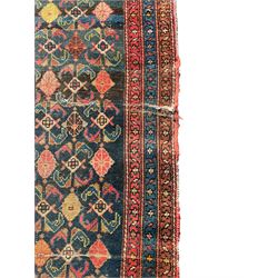 Early 20th century old Persian Hamadan runner, indigo ground field decorated with repeating stylised flower head motifs, triple band border with scrolling and floral design