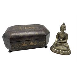 19th century Chinese lacquer counter box with gilt decoration on four carved supports, L28cm together with a 20th century Bronze Buddha (2)
