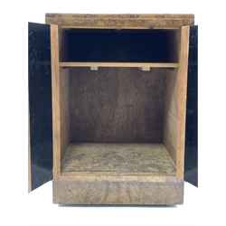 Early 20th century Art Deco burr walnut bedside cupboard, doors opening to reveal single shelf, plinth base with recessed castors, W46cm, H64cm, D46cm