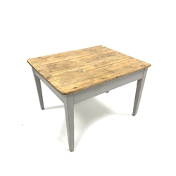 Victorian pine kitchen work table, with scrub top raised on a painted base with square tapered supports
