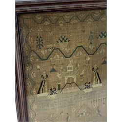 George III sampler worked by Sarah Sherwin, 1808 in coloured wools with a scene of Adam & Eve beside the Tree of Life and verse, a building flanked by two cats and female figures, birds, trees, flowers and other objects within a geometric border, 56cm x 43cm 