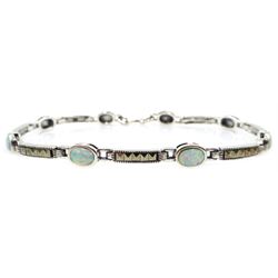 Silver opal and marcasite link bracelet, stamped 925 