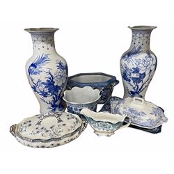 Pair of Chinese design baluster vases, Asiatic Pheasant dish and cover and other blue and white items