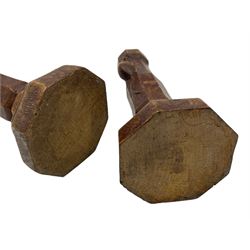 Mouseman - pair circa. 1940s oak candlesticks, tapered octagonal stem on shaped and stepped base, carved with mouse signature, by Robert Thompson of Kilburn, H20cm