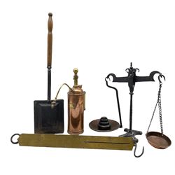 Brass and copper sprayer by New Hygiene, London, Salters improved spring balance to weigh 100lbs, chestnut roaster with turned wood handle and a pair of balance scales and weights 